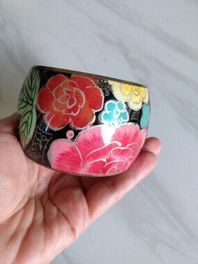 Vintage Floral Bangle Bracelet Bright Flowers Silver Black Wide Chunky